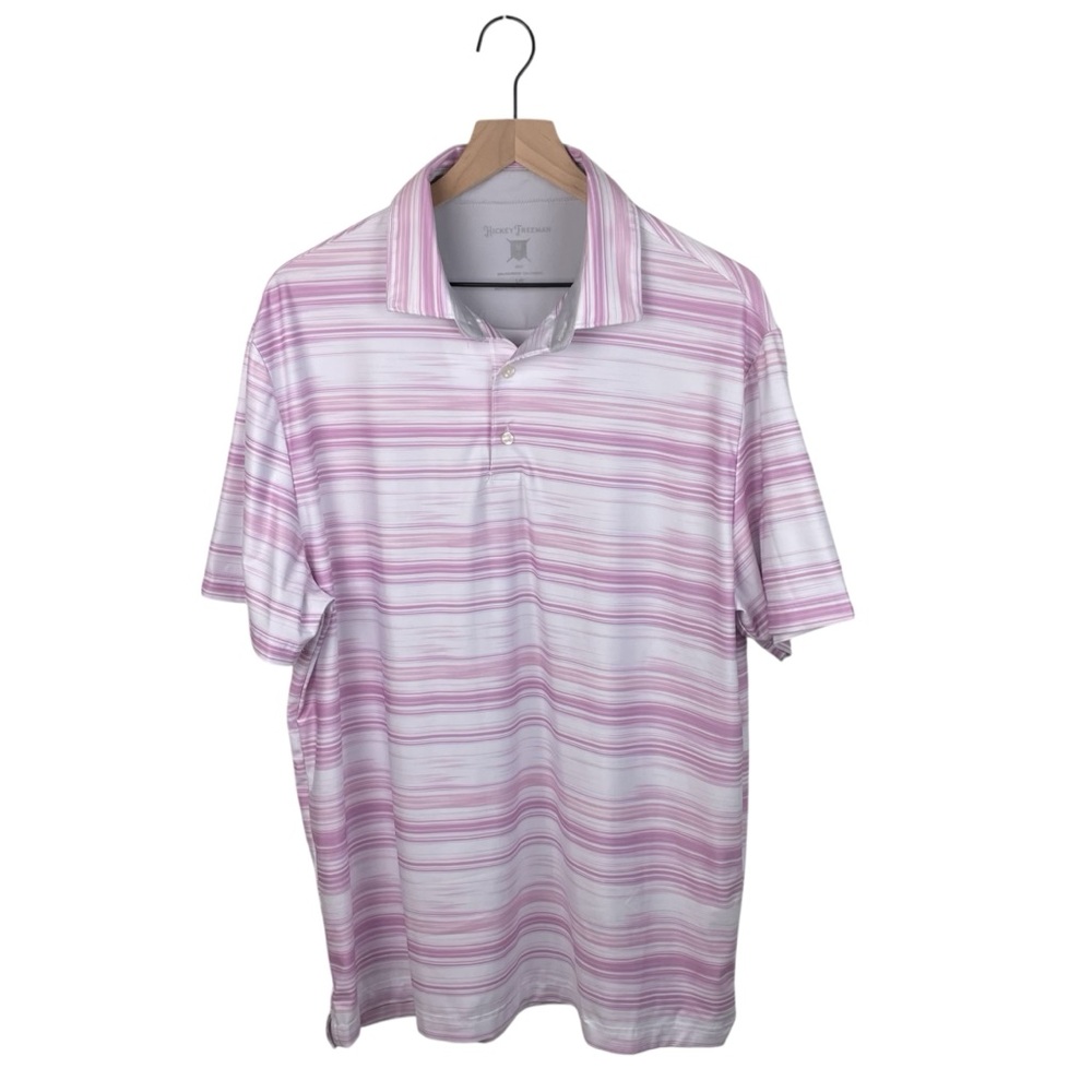 Hickey Freeman Golf Men's Polo Shirt Size Large Pink White Ombre Stripe Preppy